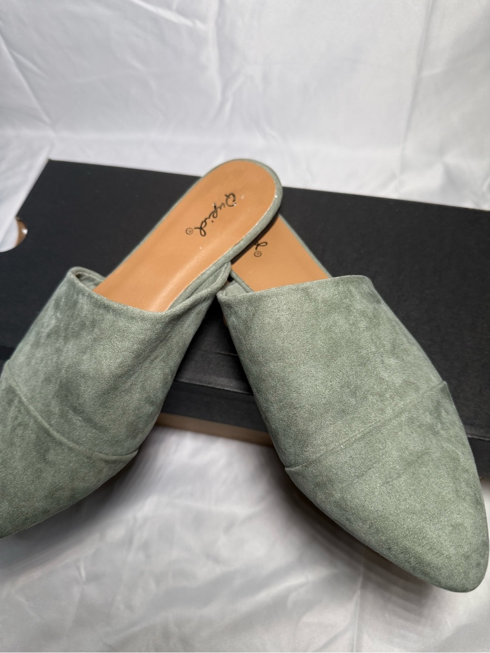 Qupid Women’s Pointed Mule Slides in Sage Green